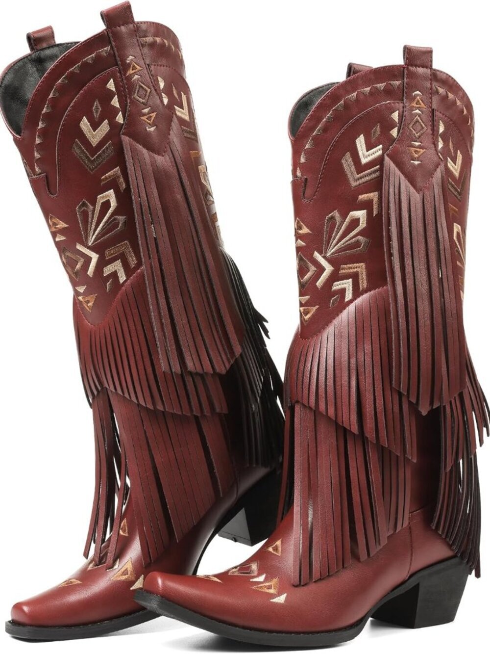 Women's Wine Red Tassel Pull On Western Cowgirl Boots Knee High Fringe Boots